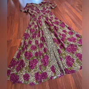 Vintage JBS Floral Leopard Animal Print Maxi Dress Shoulder Pads 8 Cottagecore